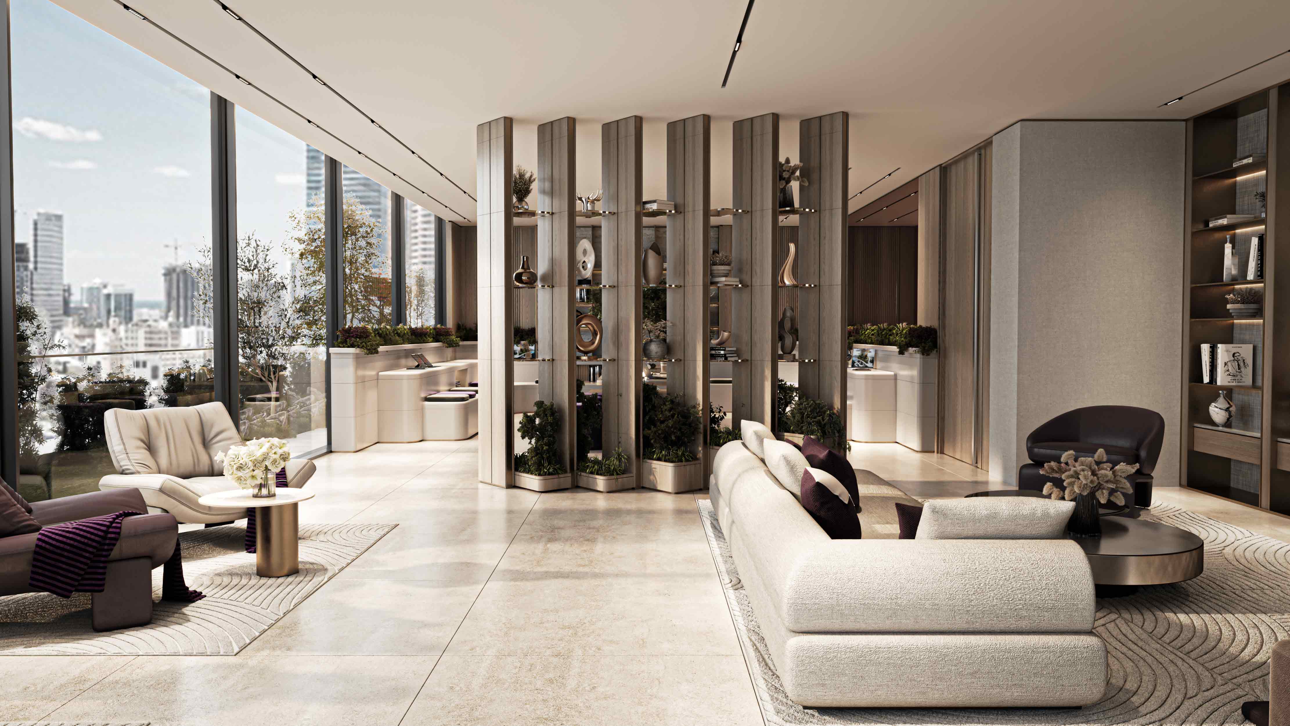 Le Blanc A modern living room featuring elegant furnishings, large windows, and decorative shelves with plants and art pieces.